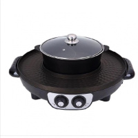 电火锅多功能家用煎烤涮一体锅不粘烤肉机煮锅电热锅无烟烧烤烙锅 黑色可分离款44鸳鸯