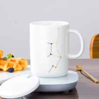 恒温55℃时光旧巷陶瓷杯子欧式马克杯带盖勺情侣咖啡杯自动保温加热水杯 处女座(白)