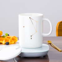 恒温55℃时光旧巷陶瓷杯子欧式马克杯带盖勺情侣咖啡杯自动保温加热水杯 天秤座(白)
