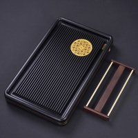 电木茶盘家用简约功夫时光旧巷茶具茶台 排水式电胶木镶铜茶海茶托盘 黑电木知圆满50x30x5cm配黑檀杯架