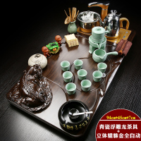 全自动紫砂功夫茶具时光旧巷套装家用简约陶瓷茶杯电热炉茶台茶道实木茶盘 金色全自动浮雕龙青瓷自动立体貔貅套装 31件