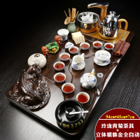 全自动紫砂功夫茶具时光旧巷套装家用简约陶瓷茶杯电热炉茶台茶道实木茶盘 金色全自动青菊玲珑立体貔貅套装 31件