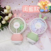 USB手持小电风扇大风力迷你时光旧巷可充电随身学生宿舍办公室桌面手拿便携式 充电可爱风扇-闺蜜款二件装[粉小兔+绿小兔]
