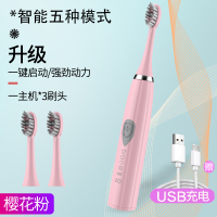 电动牙刷时光旧巷成人家用软毛超声波非充电防水全自动网红款情侣牙刷 樱花粉5挡位-3刷头(USB充电款)