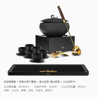 火山石煮茶器黄金蛋玄铁石电陶炉陶瓷带盖煮茶碗黑茶干泡碗普洱茶具 玄龙煮套组+尚金勺套组+镜山茶盘+6杯(拍下7天发货)