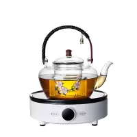 耐高温玻璃泡茶壶黄金蛋电陶炉煮茶器 蒸茶壶 景泰蓝手工烧水壶家用套装 景泰蓝玻璃提梁壶带小白电陶炉(触屏保温)