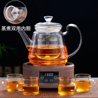 加厚大容量玻璃蒸汽煮茶器黄金蛋套装家用电陶炉抽水茶壶茶具茶炉烧水壶 木纹电陶炉(红色)+一胆双用D壶+4杯
