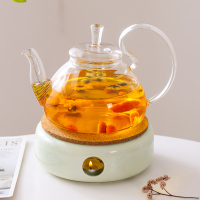 蜡烛煮茶炉黄金蛋玻璃杯家用网红创意水果茶壶加热保温花茶壶底座温茶器 美人壶800ml+圆孔温茶底座(豆绿)送50颗蜡烛