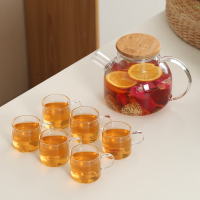 日式耐热透明玻璃花茶壶煮黄金蛋水果茶套装家用茶杯蜡烛煮茶炉下午茶具 1L滤嘴壶(竹盖)+6直筒杯
