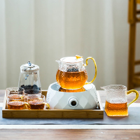 耐热玻璃茶壶金蛋电陶炉煮茶器家用小型电热茶炉蒸煮茶壶烧水泡茶  《几何》白色电陶炉+《龙鳞壶》6件套+茶叶罐+手拉托盘