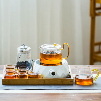 耐热玻璃茶壶金蛋电陶炉煮茶器家用小型电热茶炉蒸煮茶壶烧水泡茶  白色《几何》电陶炉+金色《亮彩壶》8件套+茶叶罐+托盘
