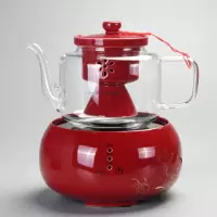 陶瓷煮茶器金蛋电陶炉套装智能触屏自动煮茶玻璃蒸茶壶黑白茶家用茶具 中国红海浪电陶炉套装