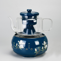 陶瓷煮茶器金蛋电陶炉套装智能触屏自动煮茶玻璃蒸茶壶黑白茶家用茶具 霁蓝喜上眉梢电陶炉套装