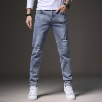 蓝缕金(LANLVJIN)男士牛仔裤秋季2021新品棉弹力水洗裤青年破洞长裤子韩版休闲小直脚男裤子