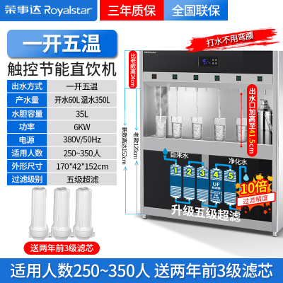 荣事达直饮水机商用学校工厂不锈钢饮水机电热开水器大型温水过滤 柜式一开五温 加高触控款 升级五重超滤 250L