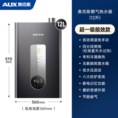 奥克斯燃气热水器家用天然气恒温一级能效12升增压防冻强排式