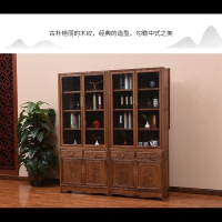 红木家具鸡翅木书柜带符象玻璃门书橱木质书架中式仿古书房组合展示柜