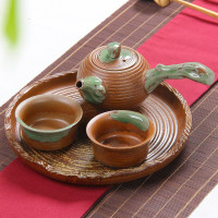 金镶玉 功夫茶具套装带茶盘茶杯茶壶粗陶侧把陶瓷 粗陶侧把一壶两杯