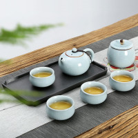 金镶玉 旅行茶具套装 汝窑西施一壶四杯茶叶罐陶瓷茶盘功夫茶具套组 汝窑柏彩釉茶具