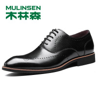 木林森男鞋2020系带英伦商务尖头休闲透气男士真皮布洛克花皮鞋