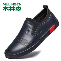 木林森男鞋 男士休闲皮鞋男软面皮秋季牛皮黑色软底透气爸爸鞋