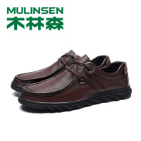木林森皮鞋男头层牛皮系带软底日常休闲鞋全皮透气四季单鞋子