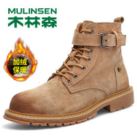 木林森黑色马丁靴男英伦风雪地靴加绒保暖棉鞋中帮男靴工装高帮男