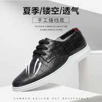 沙驰男士鞋夏季透气潮流软面男真牛皮系带高档休闲镂空皮鞋板鞋