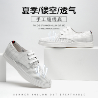 沙驰男士鞋夏季透气潮流软面男真牛皮系带高档休闲镂空皮鞋小白鞋