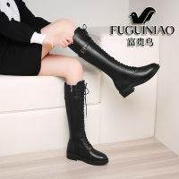 富贵鸟2020冬季加绒绑带长筒靴女高筒显瘦英伦马丁靴百搭粗跟女靴