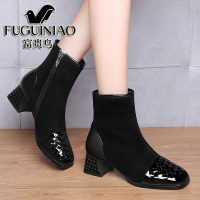 富贵鸟2020秋冬新款女鞋漆皮拼接粗跟加绒马丁靴女弹力瘦瘦靴短靴