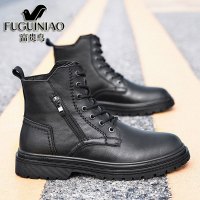 富贵鸟冬季真皮马丁靴加绒英伦风雪地靴工装靴子男户外防水棉鞋男