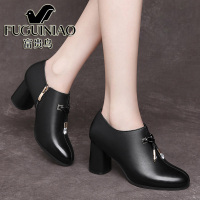 富贵鸟女皮鞋真皮职业粗跟深口单鞋2020新款秋冬季黑色工作高跟鞋