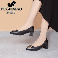 富贵鸟女鞋2021春季新款黑色软皮单鞋女职业真皮粗跟高跟鞋工作鞋