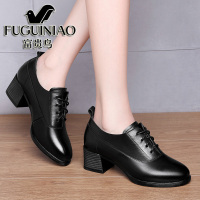 富贵鸟女鞋粗跟真皮皮鞋软皮春季2021新款黑色正装职业上班工作鞋