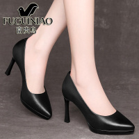 富贵鸟工作鞋女真皮久站不累脚细跟气质黑色防水台舒适职业高跟鞋