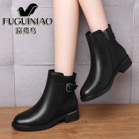 富贵鸟时装靴女冬季新款真皮短筒粗跟拉链短靴加绒保暖黑色棉靴子