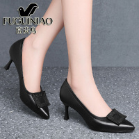 富贵鸟春夏新款真皮高跟鞋女黑色细跟职业工作鞋正装尖头浅口单鞋