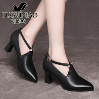 富贵鸟皮鞋女粗跟秋冬季女鞋丁字深口单鞋中跟配西装的职业高跟鞋