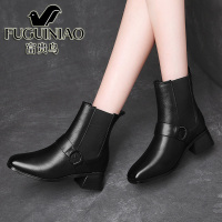 富贵鸟真皮切尔西靴女2020新款英伦风粗跟百搭黑色冬季加绒短靴女