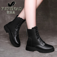 富贵鸟真皮马丁靴女低跟高帮皮鞋秋冬季新款加绒百搭软底平底短靴