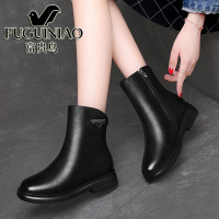 富贵鸟短靴女黑色靴子2020年新款冬季妈妈软皮女士低跟中筒靴皮鞋