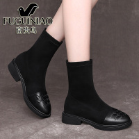 富贵鸟黑色长筒靴女2020年新款不过膝绒面秋冬季粗跟小个子骑士靴