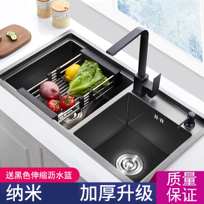 纳米黑色厨房304不锈钢手工水槽双槽符象加厚洗菜盆洗碗池水池家用