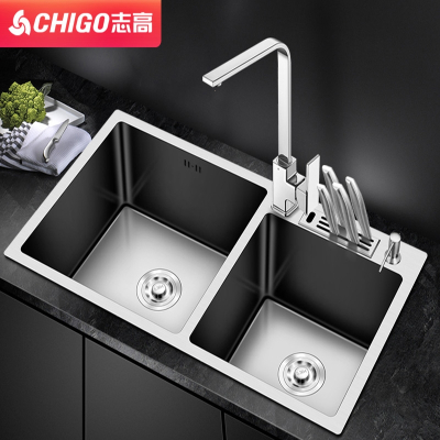 志高(CHIGO)厨房水槽304不锈钢手工双槽加厚台上下洗菜盆洗碗洗水池套餐