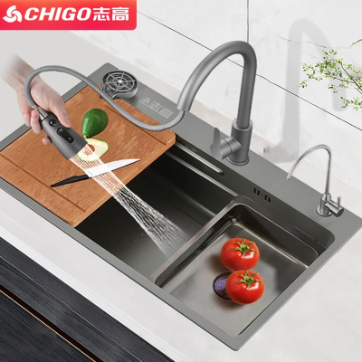志高(CHIGO)飞瀑布雨厨房不锈钢水槽大单槽台上台下洗菜盆洗碗池套装套餐