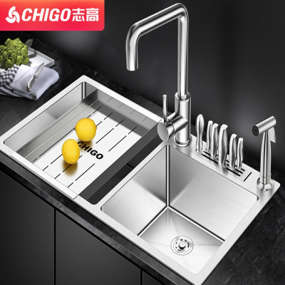 志高(CHIGO)家用厨房手工水槽不锈钢双槽套餐台上下加厚304洗菜盆洗碗池