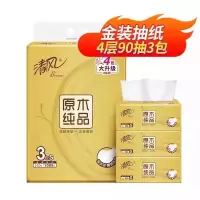 清风原木金装抽纸90抽4层3包m码餐巾纸亲肤擦手纸卫生纸实惠装