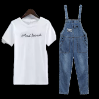 牛仔背带裤女两件套长款宽松休闲裤韩版女士减龄显瘦吊带裤秋装潮 白T短袖+背带裤 3XL31