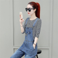 牛仔背带裤女两件套长款宽松休闲裤韩版女士减龄显瘦吊带裤秋装潮 条纹T长袖+背带裤 2XL30